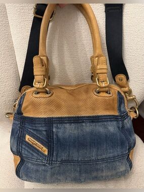 Vintage Diesel Blue Denim and Tan Leather Shoulder Bag